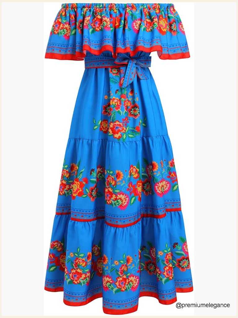 Off Shoulder Floral Maxi Dress With Belt Sleeveless Beach Party